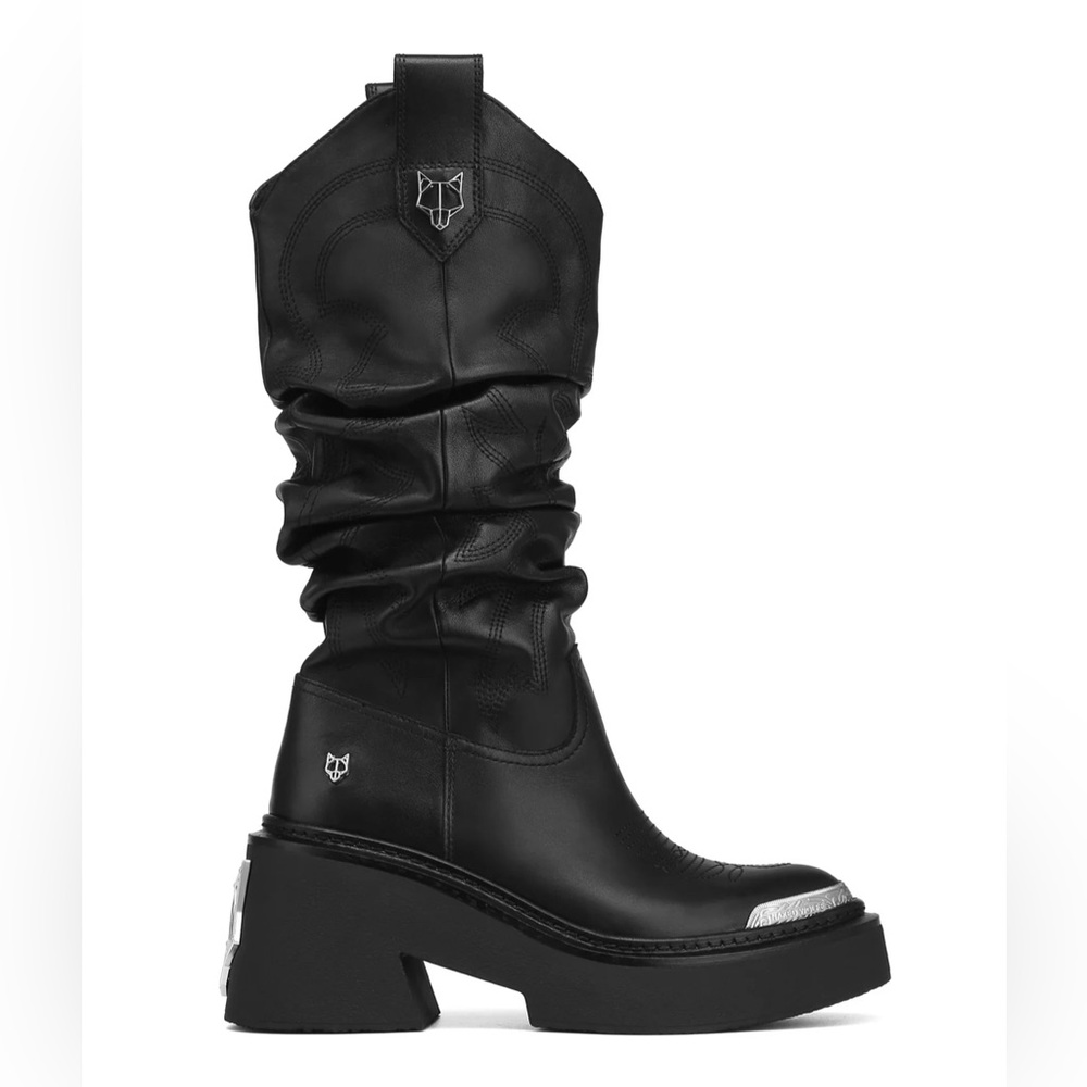 Naked Wolfe Black Slouch Western Chunky Heeled Boots with Silver Accents